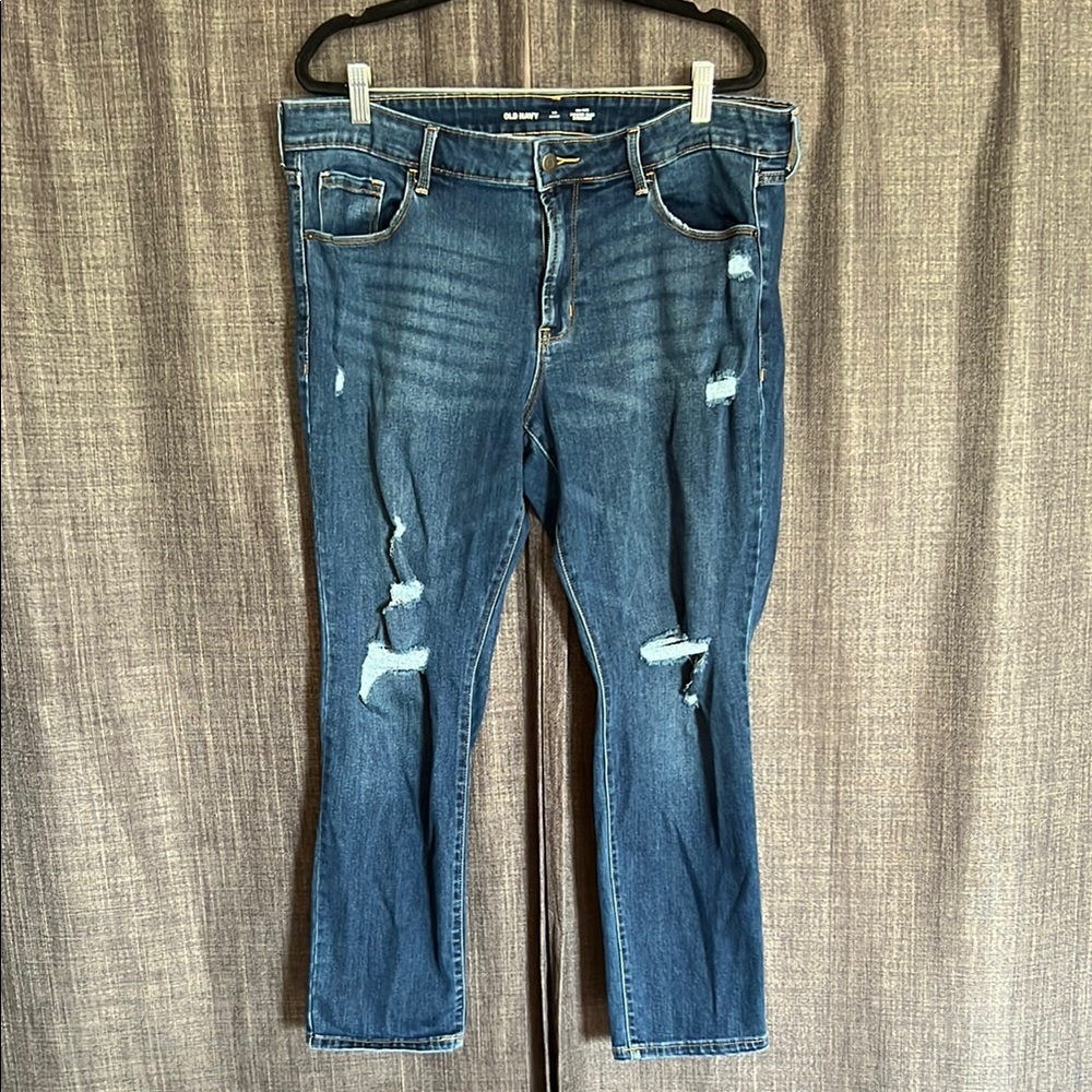 Old navy mid rise power slim straight 16 short distressed medium wash jeans
